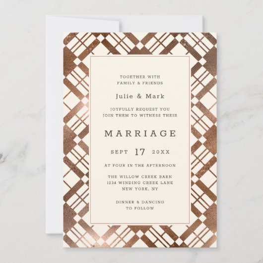 Koper Brons Herfst Rustieke Plaid Schuur Bruiloft Kaart (Voorkant)