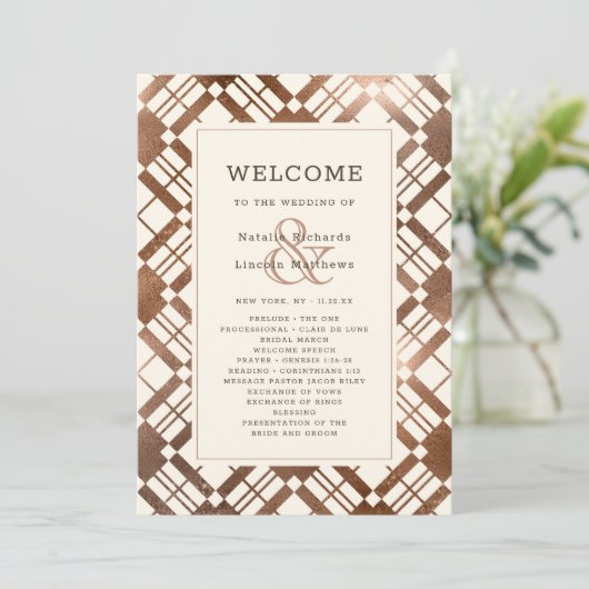 Koper Brons Rustieke Herfst Plaid Trouwceremonie Programma (Staand voorkant)