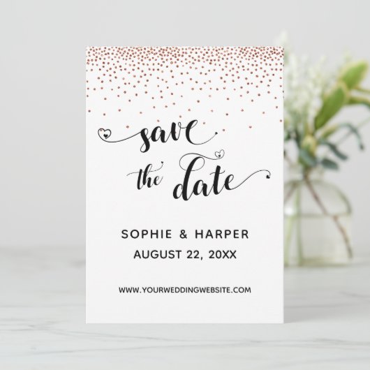Koper Confetti en kalligrafie met harten Save The Date (Staand voorkant)