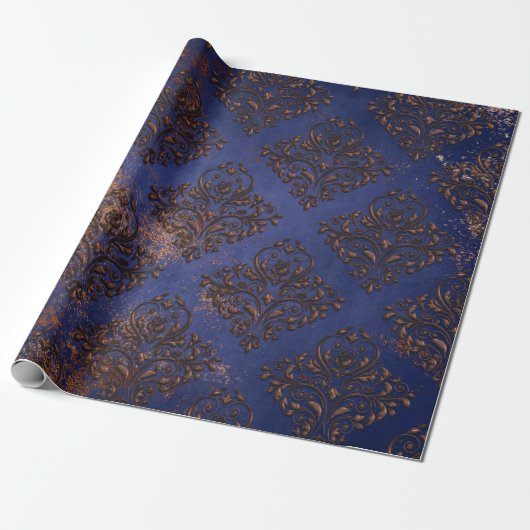 Koper Damask op Paars blauw Cadeaupapier (Uitgerold)