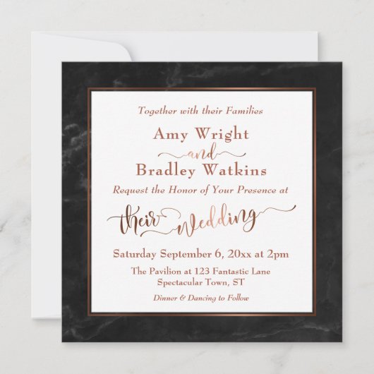 Koper Elegant Script w / Zwart Marmer | Bruiloft Kaart (Voorkant)