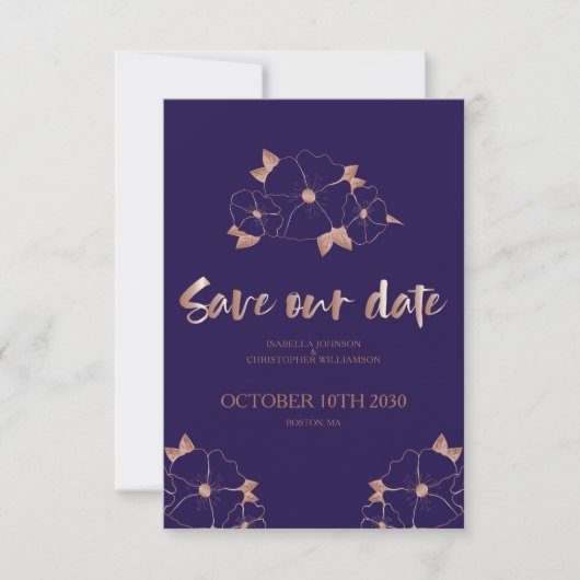 Koper en blauwe bloemen modern opslaan de datum save the date (Voorkant)