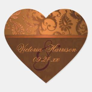 Koper en Bruin Damask Heart Shaped Sticker