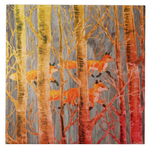 Koper Fox-Bossen op grijze Stone Autumn Batik Kijk Tegeltje