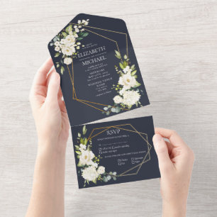 Koper Geometric Blue White Floral Wedding All In One Uitnodiging