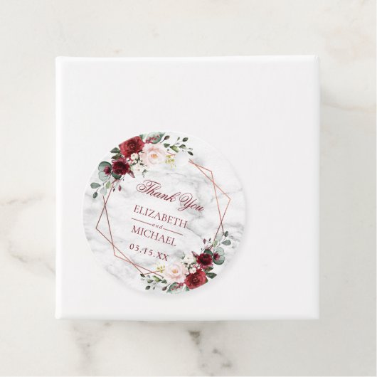 Koper Geometric Burgundy Marble Elegant Wedding Bedankjes Labels (In situ)