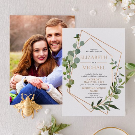 Koper Geometric Eucalyptus Elegant Photo Wedding Kaart