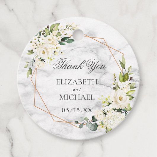 Koper Geometric Marble White Floral Wedding Bedankjes Labels (Voorkant)