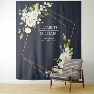 Koper Geometrisch Blauw Wit Bloemmotief Bruiloft Wandkleed