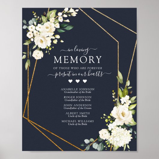 Koper Geometrisch Blauw Witte Bloemige 'In Memory' Poster (Voorkant)