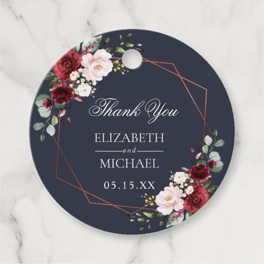 Koper Geometrisch Bourgondië Blauw Elegant Huwelij Bedankjes Labels (Voorkant)