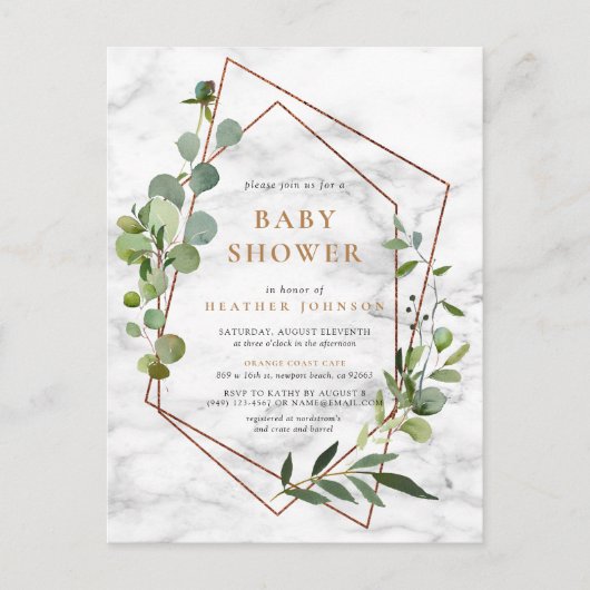 Koper Geometrisch Eucalyptus Marmer Baby shower Aankondigingskaart (Voorkant)