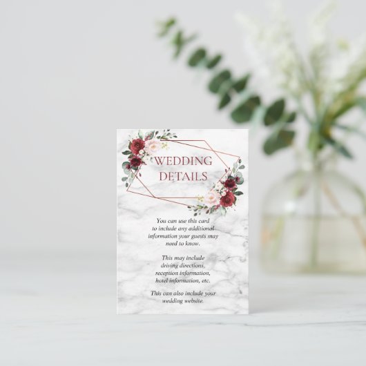 Koper Geometrische Bourgondische Marmer Bruiloft D Informatiekaartje (Staand voorkant)