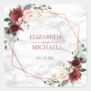 Koper Geometrische Bourgondische Marmeren Bruiloft Vierkante Sticker