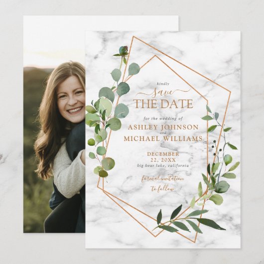 Koper Geometrische Eucalyptus Foto slaat de datum  Save The Date (Voorkant / Achterkant)