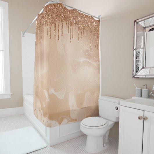Koper Glitter Rain op Blush Copper Metal Marble Douchegordijn (In situ)
