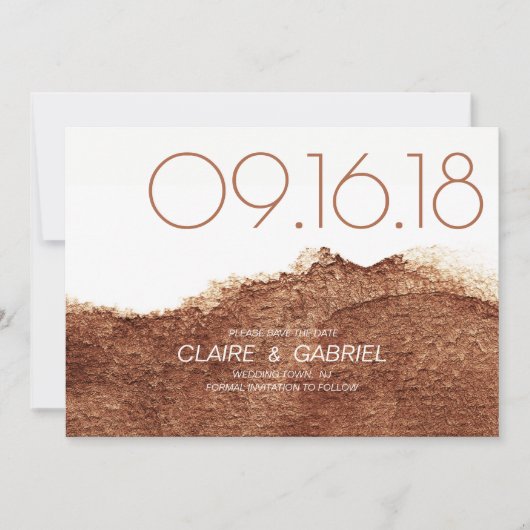 Koper kleur moderne, eenvoudige bruiloft met datum save the date (Voorkant)