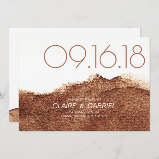 Koper kleur moderne, eenvoudige bruiloft met datum save the date (Voorkant / Achterkant)