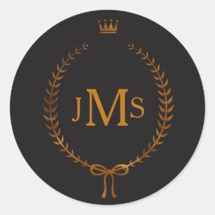 Koper Laurel krans met kroon Elegant Monogram Ronde Sticker