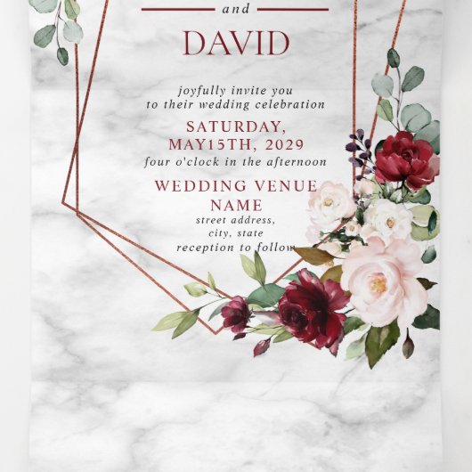 Koper Marmer Geometrische Bourgogne Bloemen Drieluik Uitnodiging (Binnenkant midden)