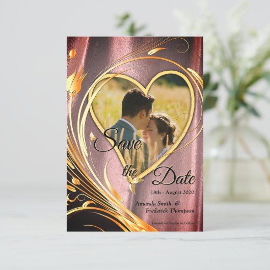 Koper/messing en lauw save the date (Staand voorkant)