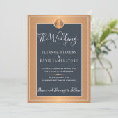 Koper Metallic Marine Blauw Elegant Monogram Huwel Kaart (Staand voorkant)