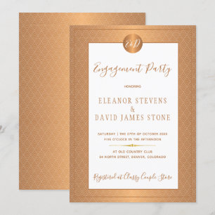 koper metallische klasse monogram engagement party kaart