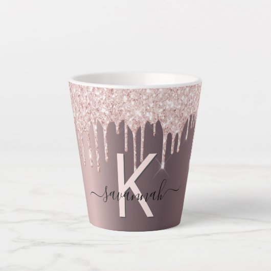Koper roze glitter druppels naam latte mok (Voorkant)