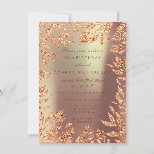 Koper Roze Goud Glitter Bladeren Bloemen Omlijst Kaart (Voorkant)