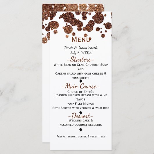 Koperbrons Modern Glamour Confetti Menu (Voorkant / Achterkant)
