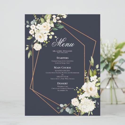 Koperen Geometrische Blauwe Witte Bloemen Bruiloft Menu (Staand voorkant)