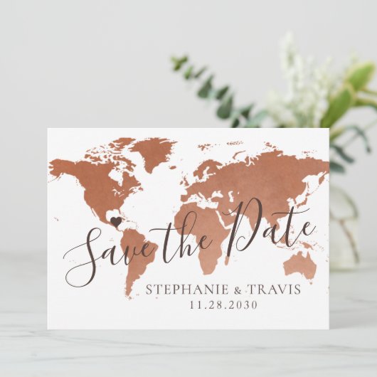 Koperen kaart Bestemming Bruiloft Save the Date Ka (Staand voorkant)