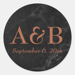 Koperen monogrammen & datum over zwarte marmer ronde sticker