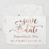 Koperen Script & Wit Marmeren Bruiloft Save the Da Date (Voorkant / Achterkant)