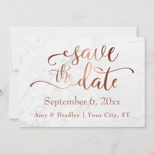 Koperen Script & Wit Marmeren Bruiloft Save the Da Save The Date (Voorkant)