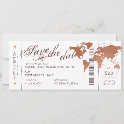 Koperen Wereldkaart Boarding Pass Opslaan Datum Ka Aankondiging (Voorkant)