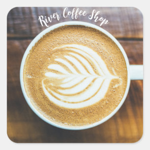 Kopje koffie Latte Leaf-Shape Foam op Houten Naam Vierkante Sticker