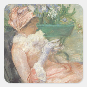 Kopje thee van Mary Cassatt, Vintage Impressionism Vierkante Sticker