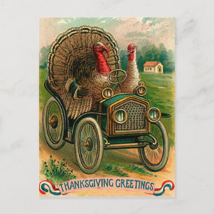 Koppel kalkoenen op een klassieke auto, vintage gr briefkaart