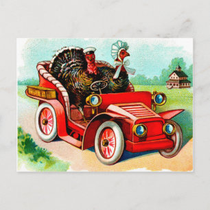 Koppel kalkoenen rijdt oldtimer auto, vintage briefkaart