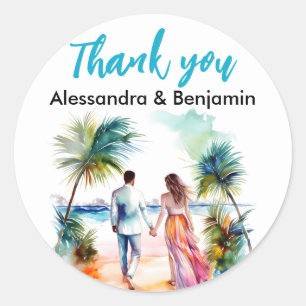 Koppel op strand bruiloft aquarel Cadeaus Ronde Sticker