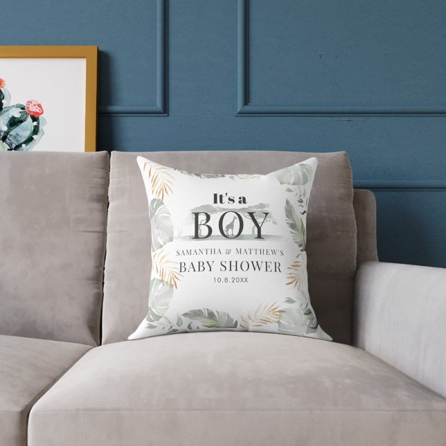 Koppels Baby shower Oerwoud Dier Botanisch Kussen (Jungle Safari Boy Baby Shower Pillow)