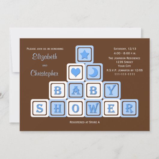 Koppels Coed Baby shower Invitation Blue Blocks Kaart (Voorkant)