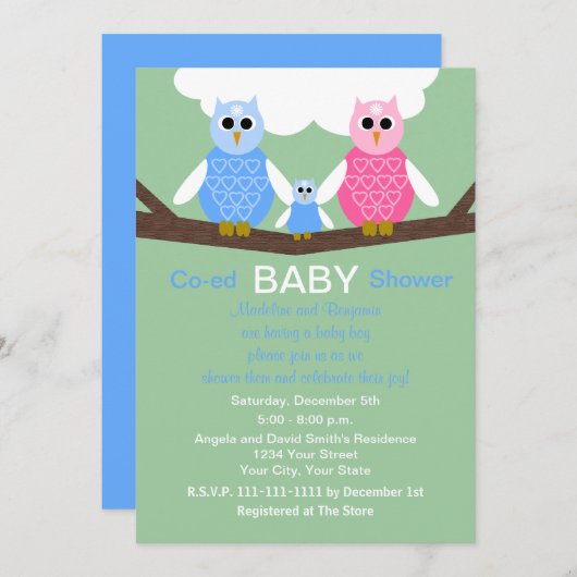 Koppels Coed Boy Baby shower Uitnodiging Uilen (Voorkant / Achterkant)