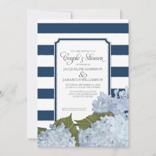 Koppels Douche Marine Blauwe Hydrangea Script Art Kaart (Voorkant)