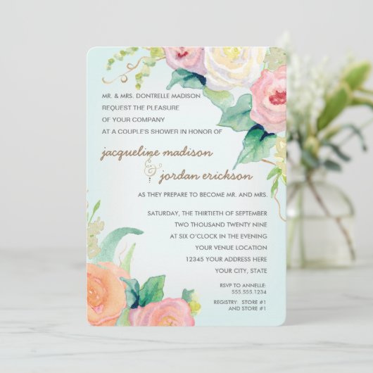 Koppels Douche Waterverf Bloemen Rozen Aqua Blue Kaart (Staand voorkant)