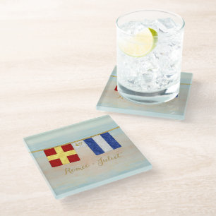 Koppels Monogram Maritime Signal Flags Waterverf Glazen Onderzetter