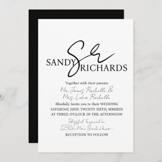 Koppels monogrammed Black White Script Wedding Kaart (Voorkant / Achterkant)