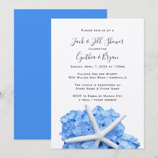 Koppels Shower Blue Hydrangea Starfish Invitation (Voorkant / Achterkant)