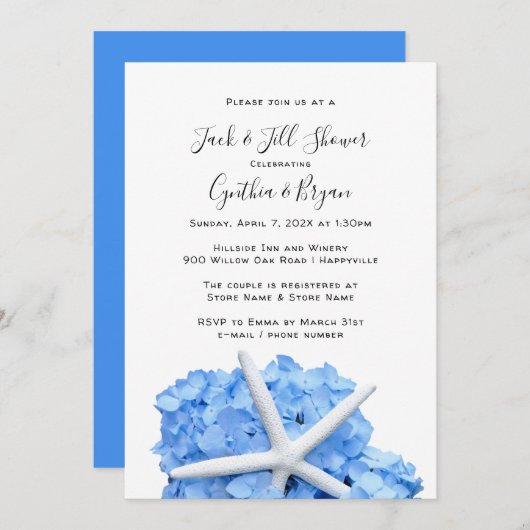 Koppels Shower Blue Hydrangea Starfish Invitation (Voorkant / Achterkant)